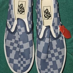 Vans Navy and Light Blue Checkered Slip-Ons